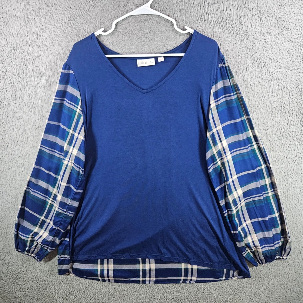 Belle by Kim Gravel Blue Plaid Mixed Media V-Neck Top XL